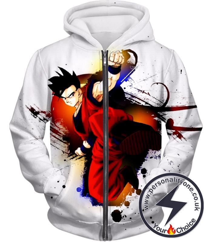 Dragon Ball Super Cool Fighter Gohan Action Awesome White Anime Zip Up Hoodie